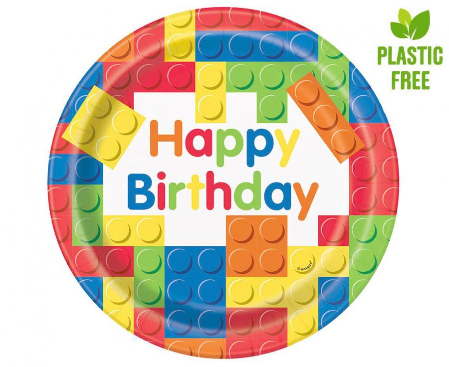 Pappteller „Building Blocks“ – Bunte Bausteine Partyteller (23 cm, 8 Stück) – Plastikfrei