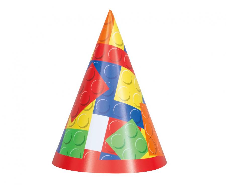 Bausteine Partyhüte „Building Blocks“ – Bunte Geburtstagshüte aus Papier (8 Stück)