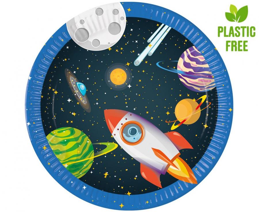 Pappteller Rocket Space, 23 cm., 8 Stk.. (Kunststoff-free)