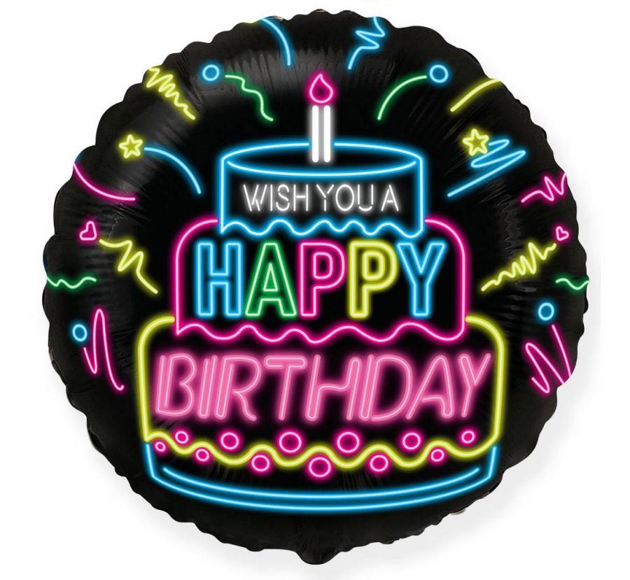 Folienballon 18" Rund – Happy Birthday NEON (ohne Verpackung)