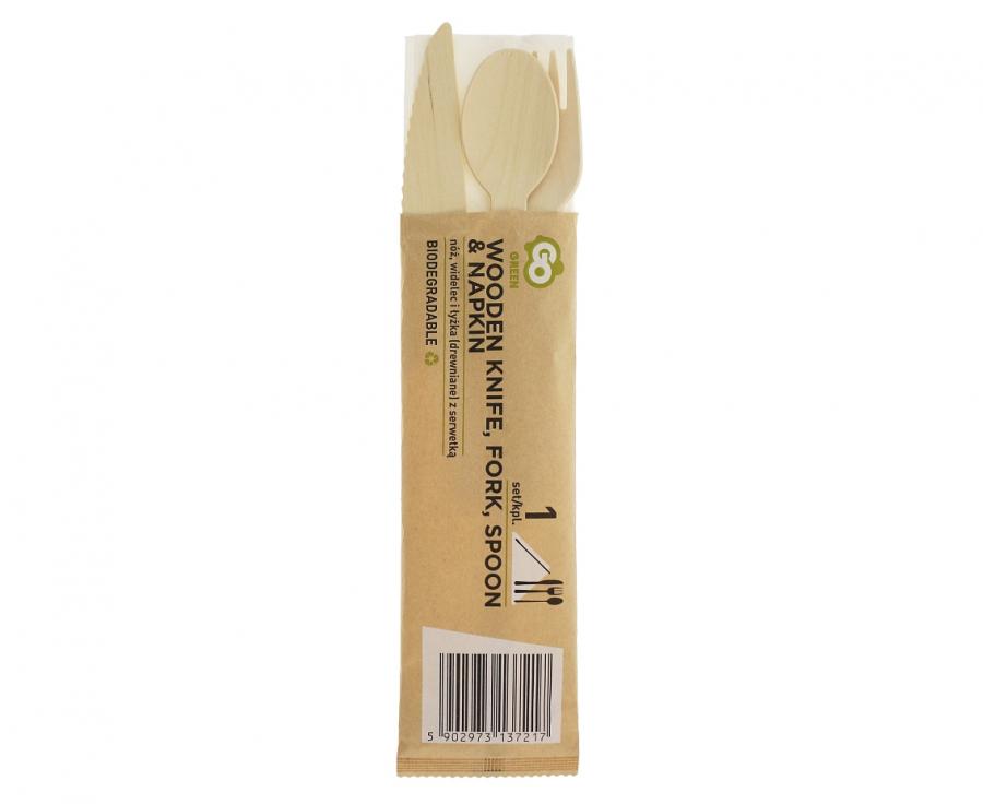 Eco-friendly collection - wooden knife, fork & spoon mit napkin, 1 Set EOL