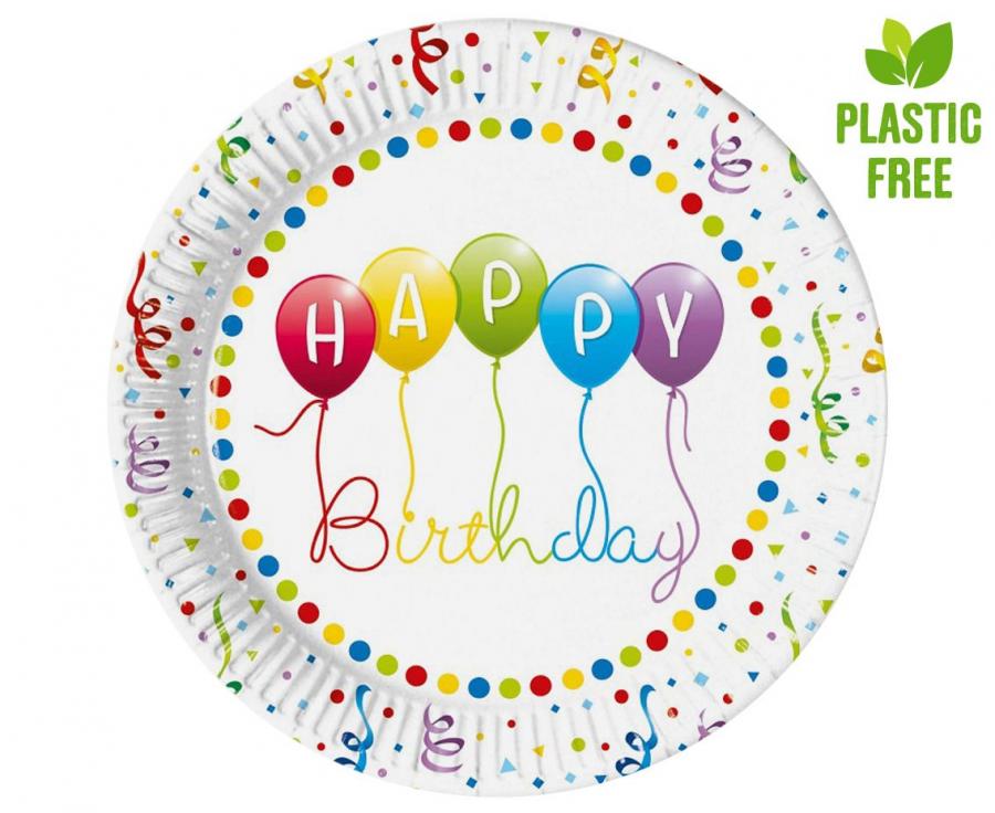 Pappteller Happy Birthday Streamers / next generation, 23 cm, 8 Stk. (Kunststoff-free)
