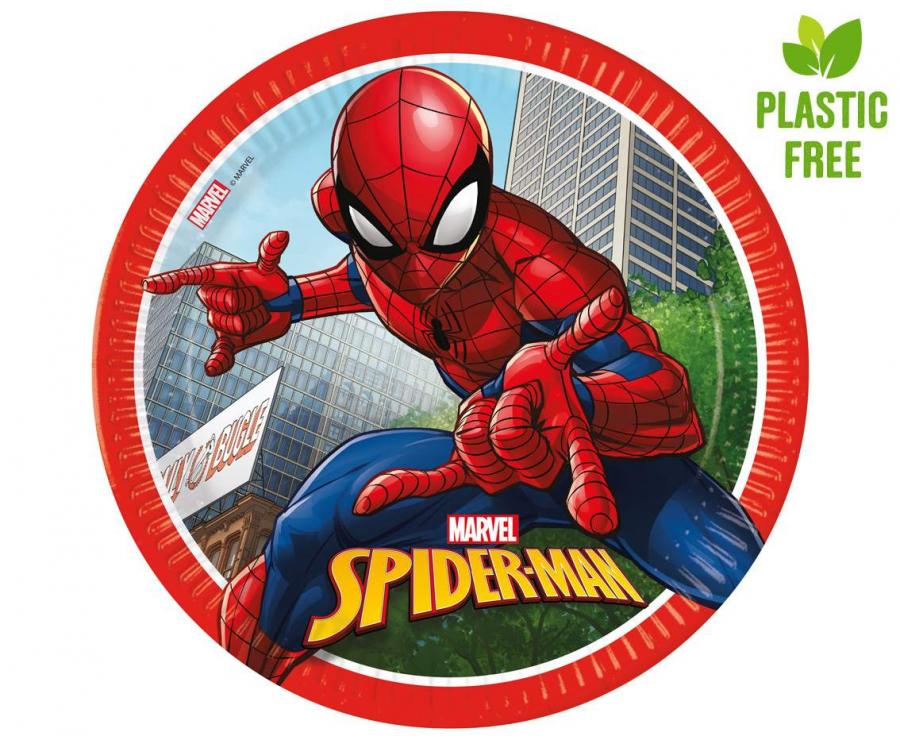 Pappteller „Spiderman Crime Fighter (Marvel)“ – Bunte Bausteine Partyteller (23 cm, 8 Stück) – Plastikfrei