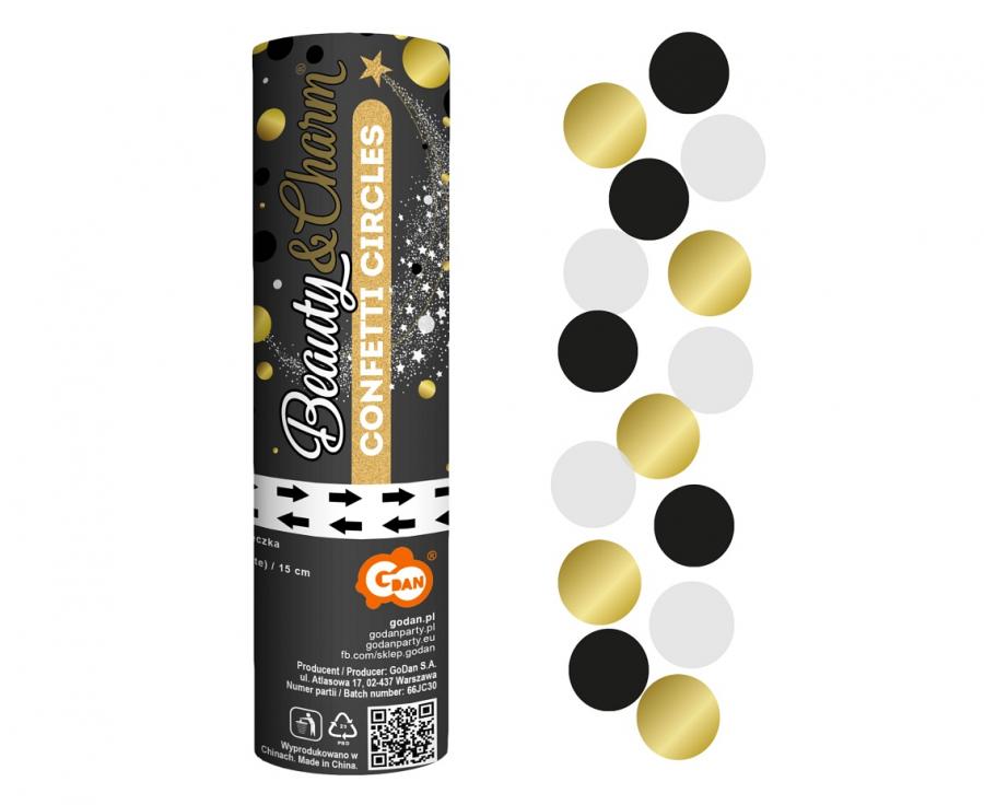 Confetti Cannon B&C Circles (Schwarz, Gold, Weiß) / 15 cm